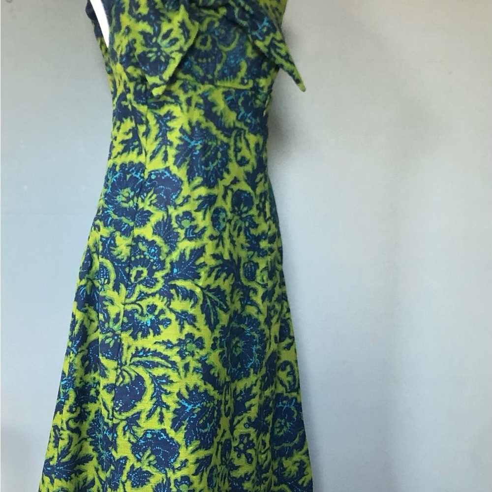 Vintage 1960’s Cotton Linen Floral Green and Blue Women's Shift Dress